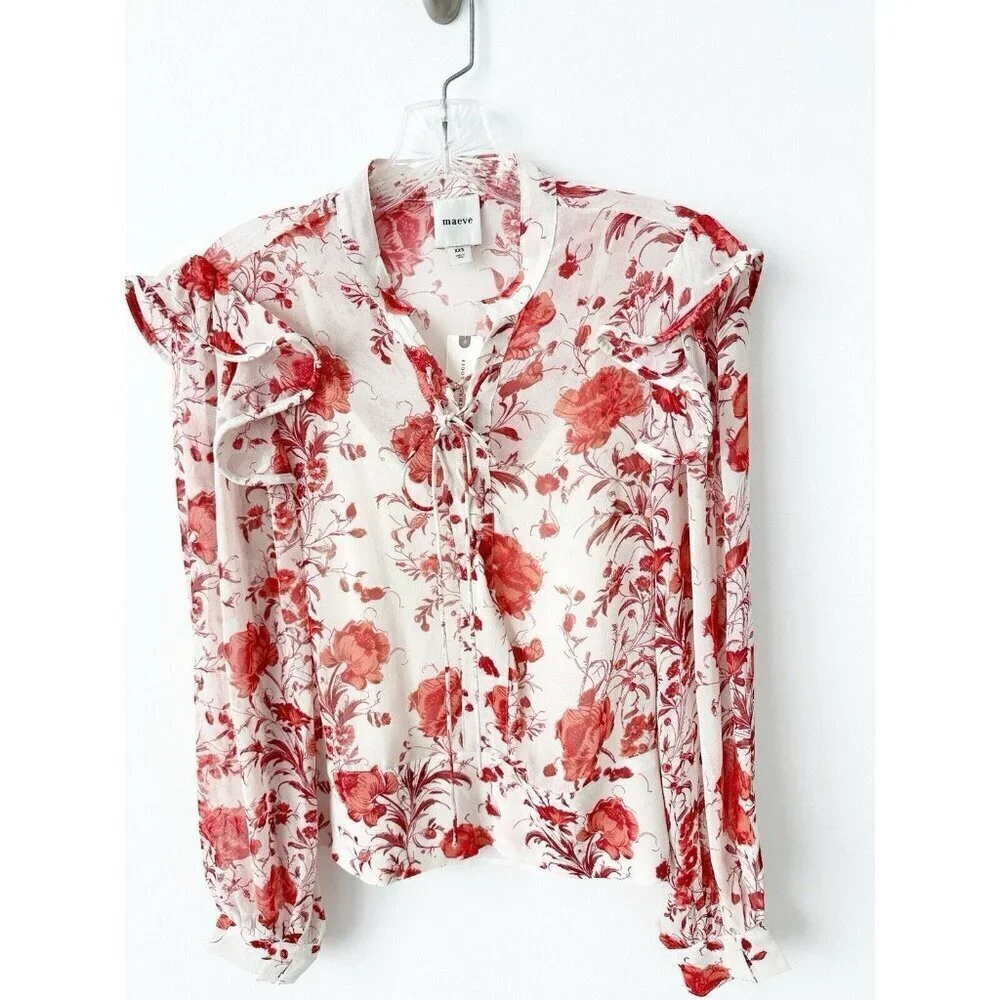 NWT Anthropologie Maeve Long-Sleeve Ruffled Sheer Blouse Top XXS Pink Floral